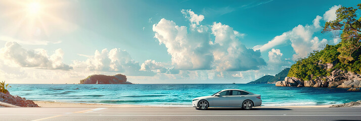 Banner image of a white car parked on a beach, with a picturesque view of the sea bay and island in the background - obrazy, fototapety, plakaty