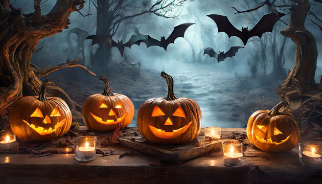 Halloween background with dark spooky background flying bats with glowing scary pumpkins 