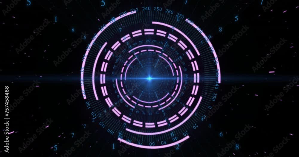 Poster animation of pink circular scanner, blue light and processing data on black background