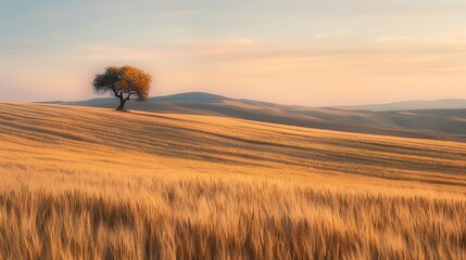 a solitary tree between a field of wheat and cloudy sky - obrazy, fototapety, plakaty