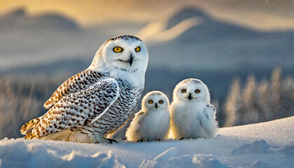 Snowy Owl  sitting in snow with his young chicks in arctic circle with slow fall  - obrazy, fototapety, plakaty