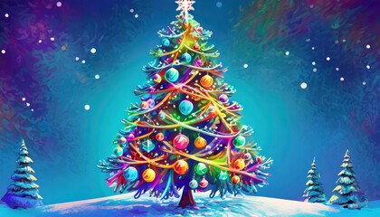 Fototapeta na wymiar christmas tree decorated on a blue background