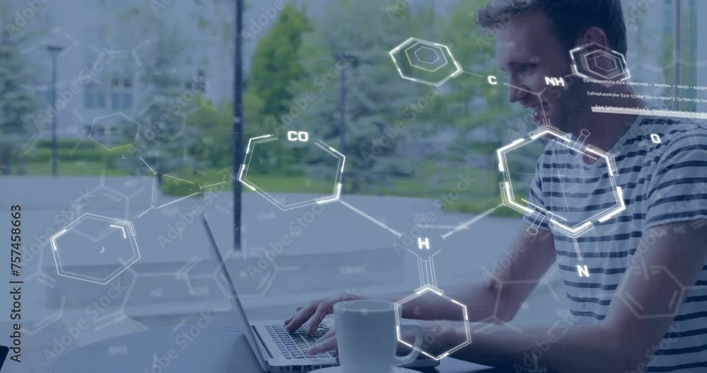 Poster animation of elements and data processing over happy caucasian male student using laptop in cafe