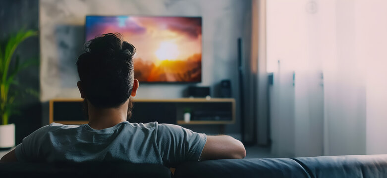 man sitting on the sofa in a living room watching television - copy space