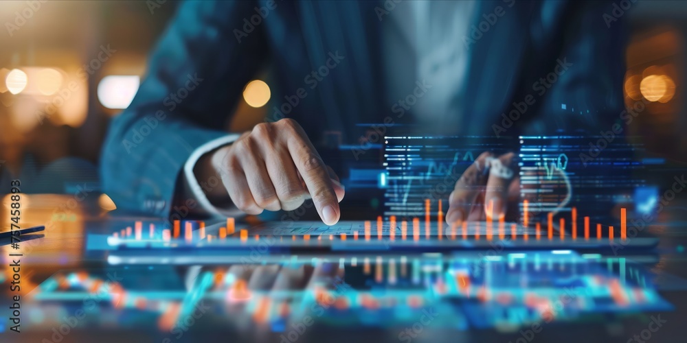 Poster person analyzing financial data on tablet with graphical overlay