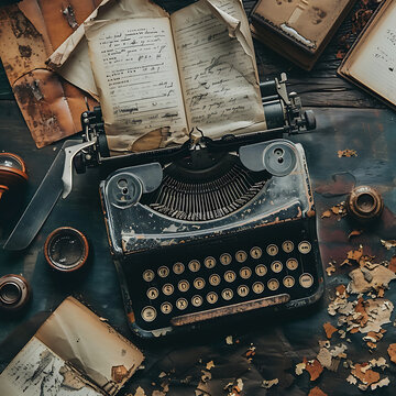 A vintage typewriter surrounded by crumpled pages and scattered inkwells, representing the timeless allure of storytelling and literature