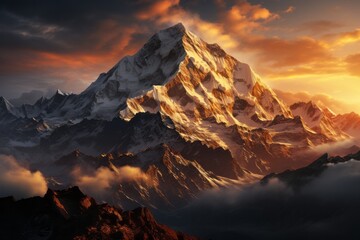 Snowcovered mountain with clouds at sunset in the natural landscape