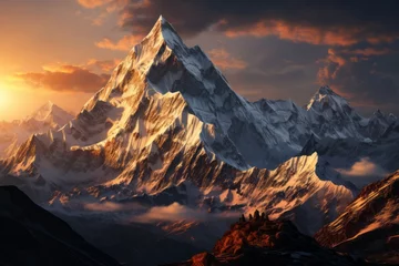 Zelfklevend Fotobehang Snowcovered mountain at sunset with sunlight piercing through clouds in the sky © JackDong