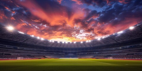 Illuminated stadium with a dramatic sky at twilight.
