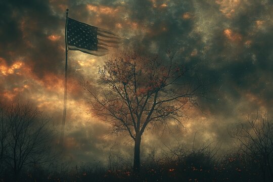 American Flag Flying in Cloudy Sky