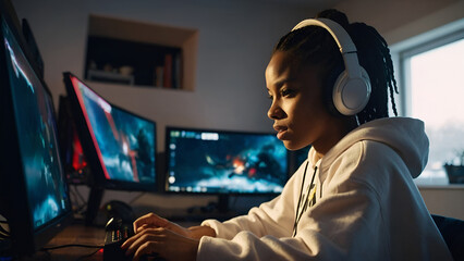 Young black girl with headphones playing with a multi monitor computer