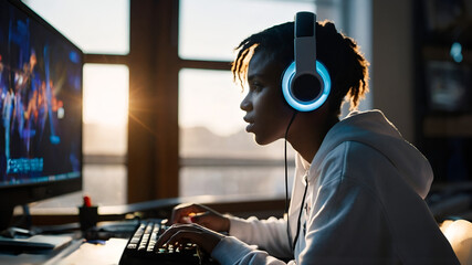 Young black person playing games with led headset in front  of a monitor
