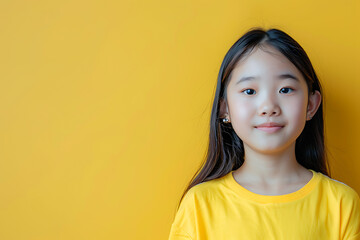 Little Girl Standing in Front of Yellow Wall - obrazy, fototapety, plakaty