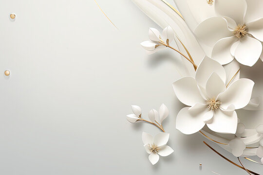 A white flower with gold accents is the main focus of the image