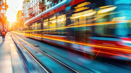 A vivid portrayal of an oncoming tram moving fast with light trails, exemplifying bustling city life and rapid transit - obrazy, fototapety, plakaty