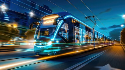 Showcasing the sleek design of a modern tram against a night city backdrop, reflecting advanced public transportation - obrazy, fototapety, plakaty