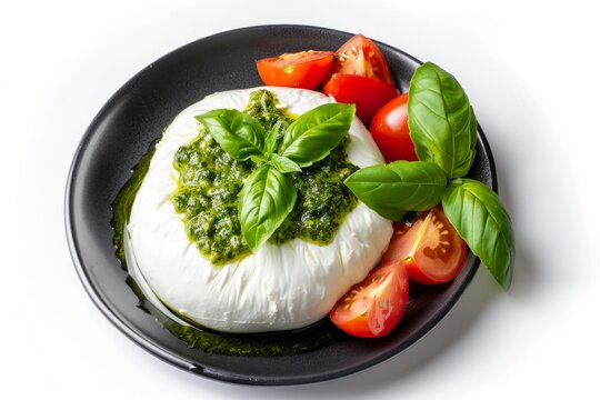 Fresh mozzarella cheese and ripe tomatoes on a black plate, garnished with basil leaves and pesto sauce