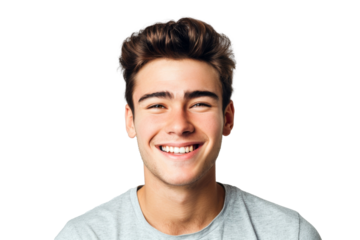 Studio portrait of a handsome young white Americana man with a beautiful smile wearing casual outfits looking at camera, isolated on transparent png background.