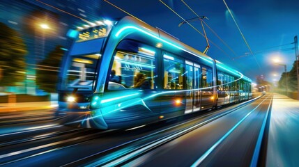Fototapeta premium Capturing the essence of urban life, this image shows a tram in motion at dusk with city lights reflecting off its surface