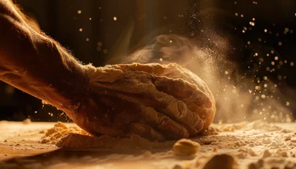 Schilderijen op glas Close-up of a baker's hands working and shaping bread dough with flying flour © Minerva Studio