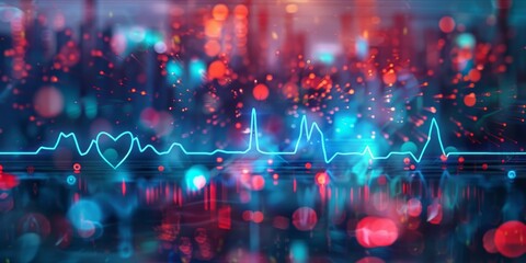 Abstract heartbeat pulse line with a futuristic city background.