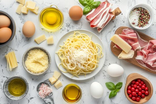 A top view photo of a table covered with an assortment of ingredients for cooking Italian food like carbonara pasta - spaghetti, oil, ham, eggs, and Parmesan, on a white stone surface