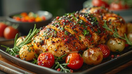 Baked chicken with aromatic herbs, cherry tomatoes, and potatoes. The perfect choice for dinner. Appetizing chicken with vegetables.