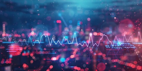 Abstract heartbeat pulse line with a futuristic city background. - obrazy, fototapety, plakaty