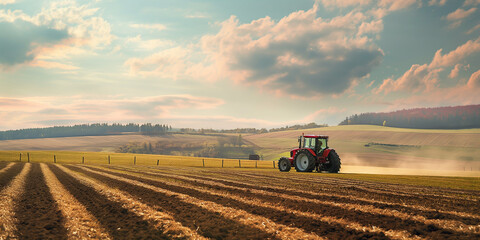 Farm and agriculture creative background.  Red tractor on a wheat field. Rural landscape, field with wheat and red barn. 