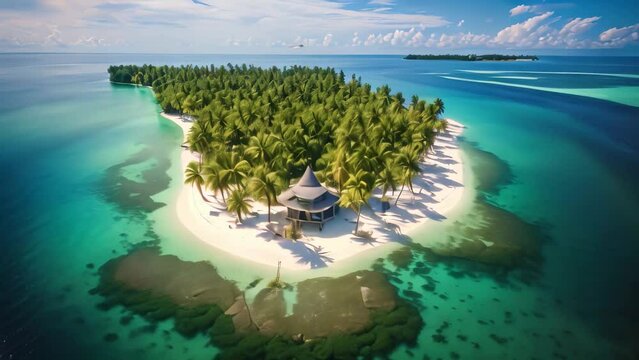Aerial view of tropical island with palm trees at Maldives, Maldives Islands Tropical, AI Generated