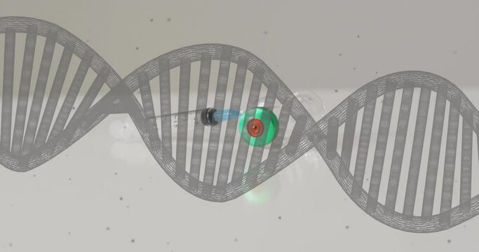 Animation of dna strand and dark spots over syringe and vaccine vial on white background