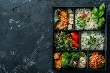A bento box filled with an assortment of different types of food, including rice, sushi, vegetables, and meat, perfect for a balanced meal