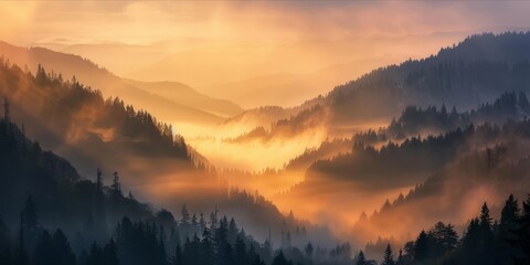 Sunrise over a misty mountain forest.