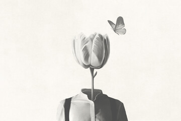 Illustration of surreal man with tulip head shape and butterfly, surreal romantic abstract concept - 757460899