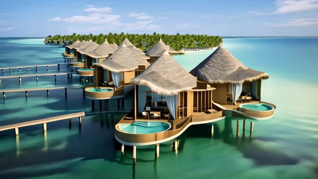 tropical island with water bungalows and beach 3d render, Maldives water bungalows, AI Generated