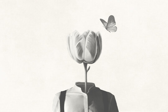 Illustration of surreal man with tulip head shape and butterfly, surreal romantic abstract concept