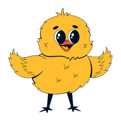 Cute little chicken character in retro linear style. Vector illustration of a small yellow bird on a white isolated background.