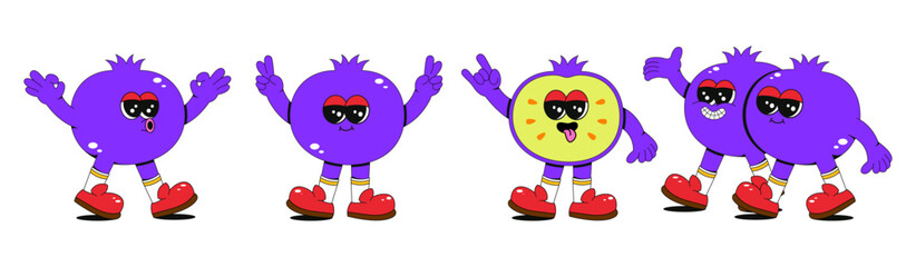 Set retro groovy fruit characters. Hand drawn doodles of blueberry comic mascots. Modern illustration with cute comics characters. Set in modern retro vibes.