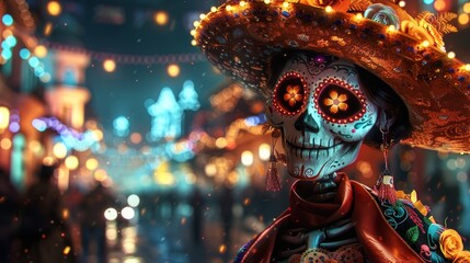 Vibrant Day of the Dead Skull in Festive Ambiance