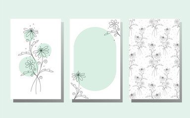 Set of three vertical banners with botanic design and geometric shapes. Abstract stylized wildflowers, pastel green geometric figures, floral pattern. Romantic vector illustration in minimalist style.