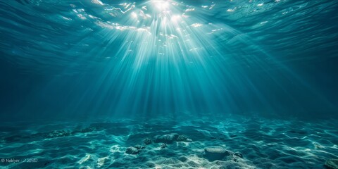 Underwater view with sun rays shining through the ocean surface.