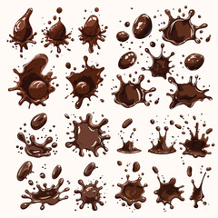 Vector splashes of coffee or hot chocolate illustrations set isolated on the background