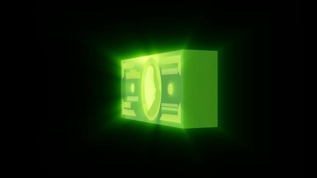 Animation of a rotating hologram with a stack of dollars. The concept of a bonus in the game for a completed mission. Stock 3D video with money in 4K. Looped clip of a pack of banknotes.