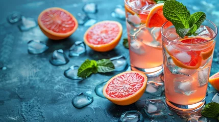 Schilderijen op glas Blue Background With Oranges, Palm Leaves, and Sunglasses © yganko