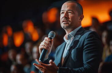 Man Speaking Into Microphone in Front of Crowd