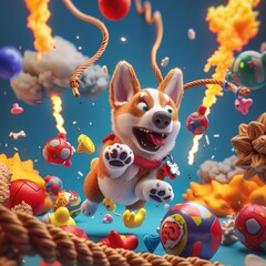 A 3D animated corgi dog is depicted mid-leap, surrounded by a playful explosion of vibrant toys and treats against a cheerful blue sky.
