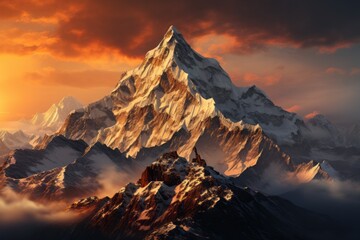 Snowcovered mountain with clouds at sunset, a stunning natural landscape - Powered by Adobe