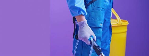 Cleaning worker in uniform with equipment on monotonous background. banner, space for text, cleaning service - obrazy, fototapety, plakaty