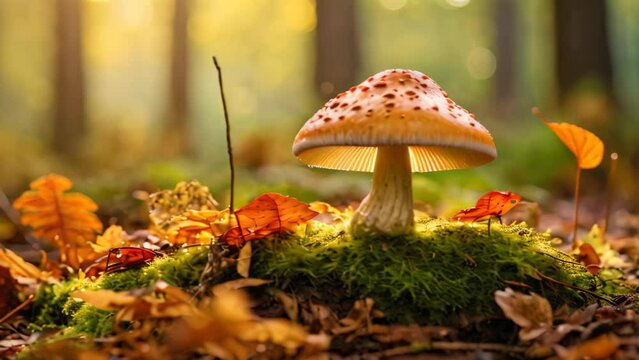 Amanita muscaria mushroom on moss in autumn forest, mushroom in the autumn HD 8K wallpaper Stock Photographic Image, AI Generated