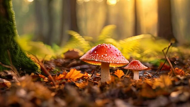Red fly agaric Amanita muscaria in autumn forest, mushroom in the autumn HD 8K wallpaper Stock Photographic Image, AI Generated